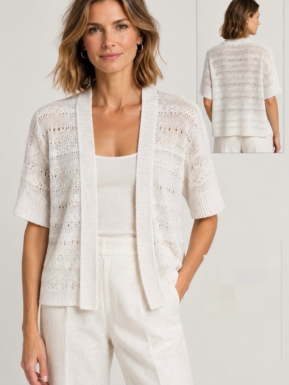 Eileen Fisher Crochet 100% Linen Open Front Cardigan White Loose Knit Sz. Small